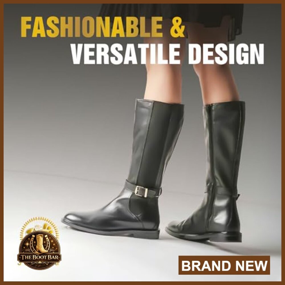 Women's Leather Knee-High Boots Block Heel Cushioned Insole Side Zipper - Picture 2 of 7